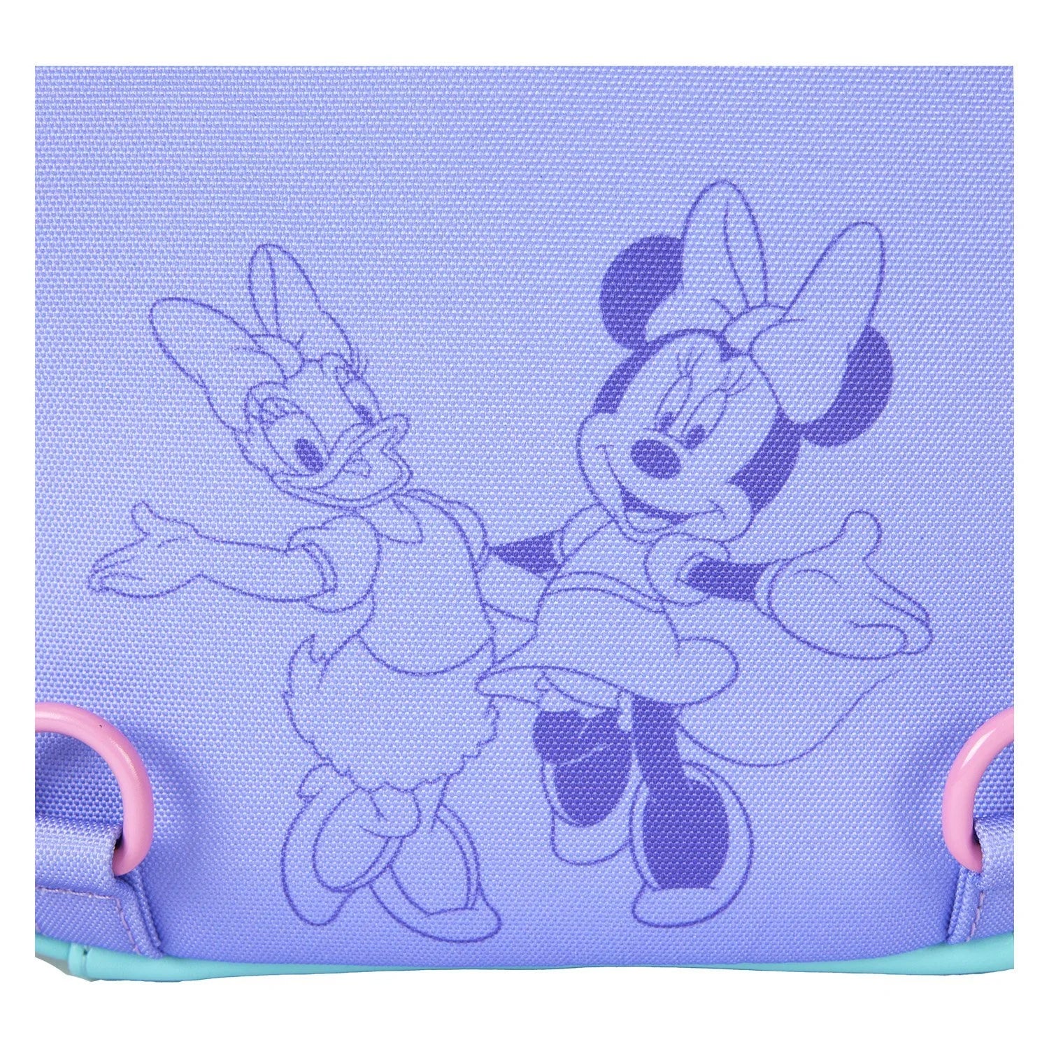 Close up of Minnie Mouse and Daisy Duck on a purple background with pink accents.