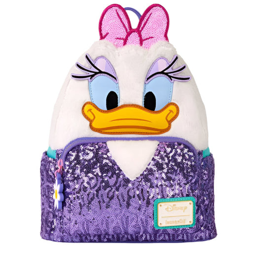 Backpack designed like a furry Daisy Duck with purple sequin details on a white background