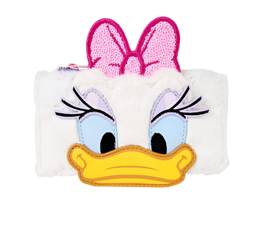 Plush Daisy Duck design on the front of a wallet on a white background