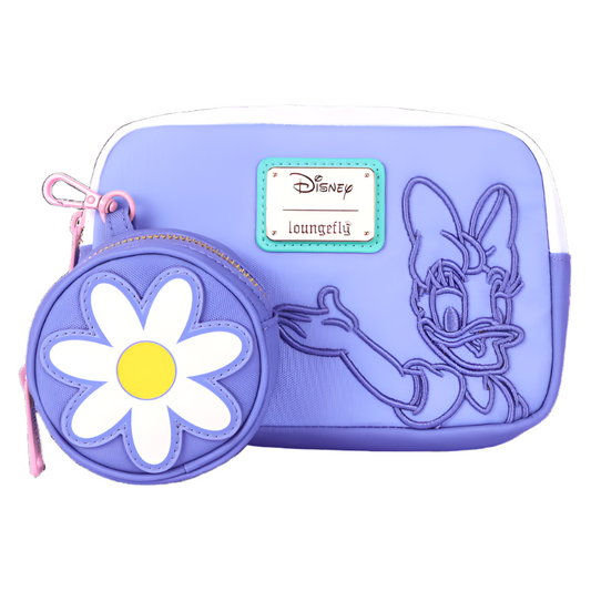 Purple pouch with Daisy Duck design and Disney Loungefly logo on a white background