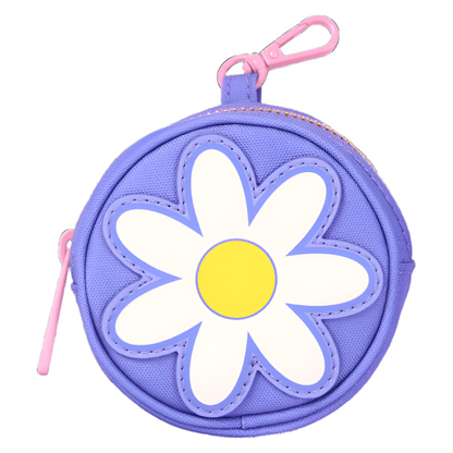 Purple coin purse with a daisy design on a white background