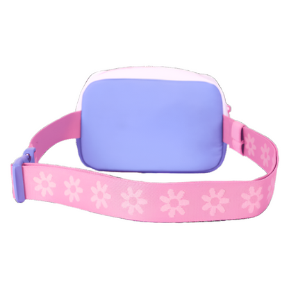 Purple bag with a pink strap featuring white floral patterns on a white background