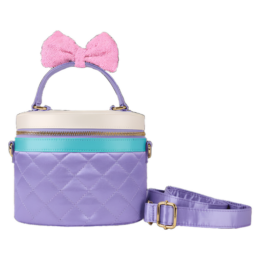 Purple quilted handbag with a pink bow on a white background