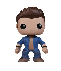 Pop vinyl figure of Dean Winchester in a blue shirt and brown pants on a white background