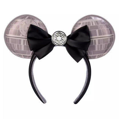 Minnie Mouse ears with Death Star design and black bow with Galactic Empire symbol on a white background