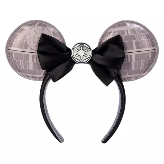 Minnie Mouse ears with Death Star design and black bow with Galactic Empire symbol on a white background