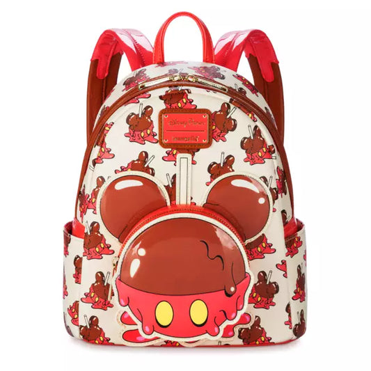 Mini backpack with  Mickey Mouse shaped candy apple design on a white background
