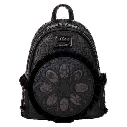 Black backpack with circular design of villains and Disney logo on a white background