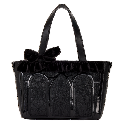 Black handbag with decorative panels and a bow on a white background