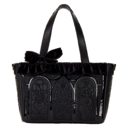 Black handbag with decorative panels and a bow on a white background