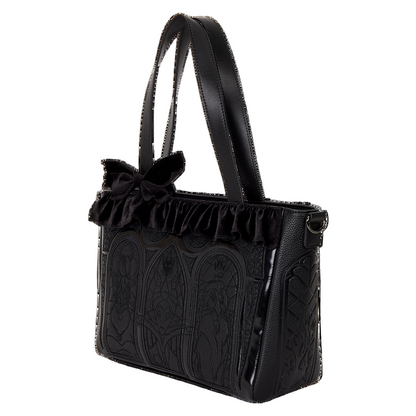 Black handbag with ruffled bow on a white background