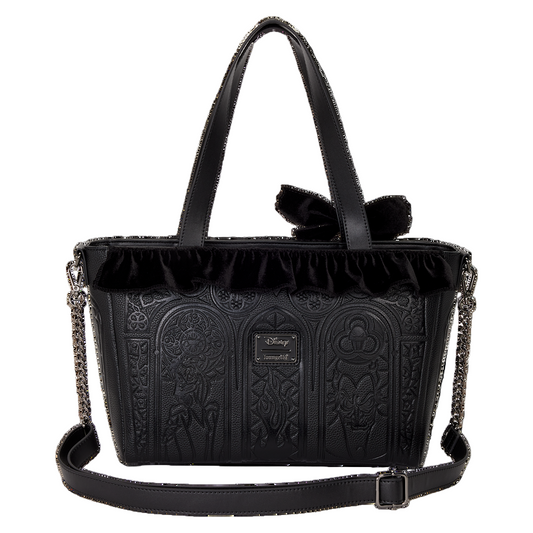 Black handbag with intricate designs and a bow on a white background