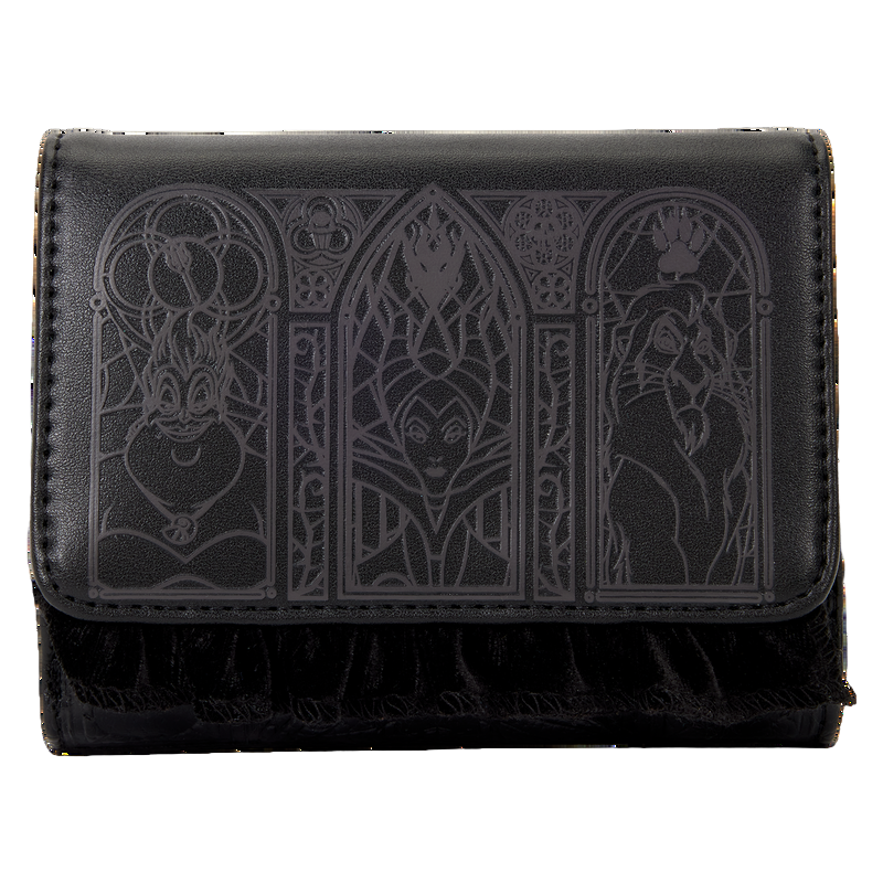 Black wallet with engraved designs on a white background
