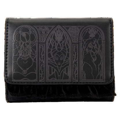Black wallet with engraved designs on a white background