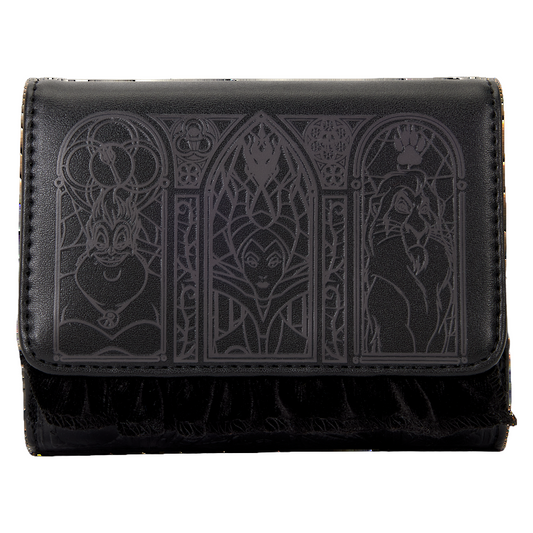 Black wallet with engraved designs on a white background