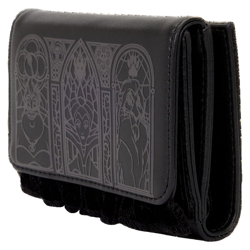 Black wallet with embossed designs on a white background
