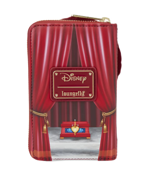 Red wallet with Disney and Loungefly branding, featuring a heart-shaped box and red curtains.