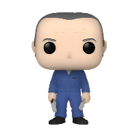Funko Pop! vinyl figure of Hannibal Lector in packaging holding a knife and fork in blue jumpsuit on a white background