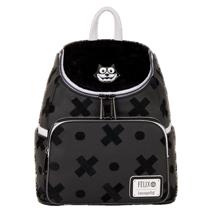 Black backpack with white "X" patterns and a visible brand logo on a white background
