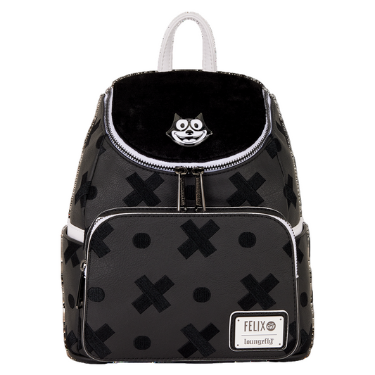 Black backpack with white "X" patterns and a visible brand logo on a white background
