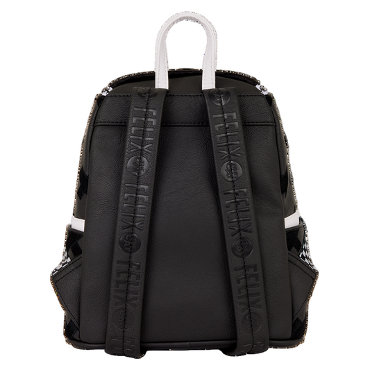 Black backpack with visible branding on straps against a white background