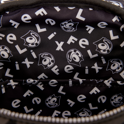 Black inner lining with white 'Felix' pattern and cat face logo