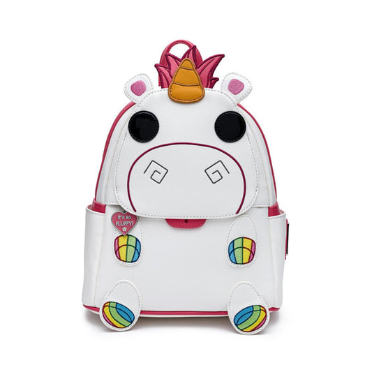 Mini Backpack shaped like Fluffy  from the Minions franchise, shaped like a cartoon unicorn with a rainbow horn on a white background
