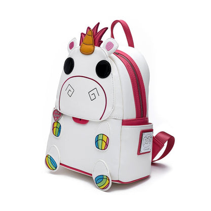 Unicorn-shaped backpack with rainbow details on a white background