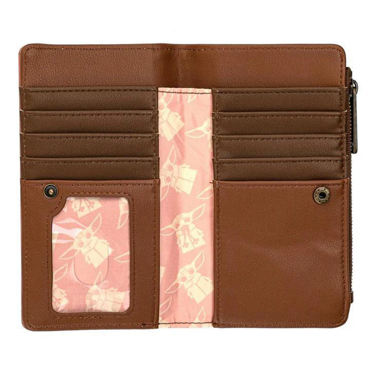 Brown leather wallet with Grogu-themed interior on a white background