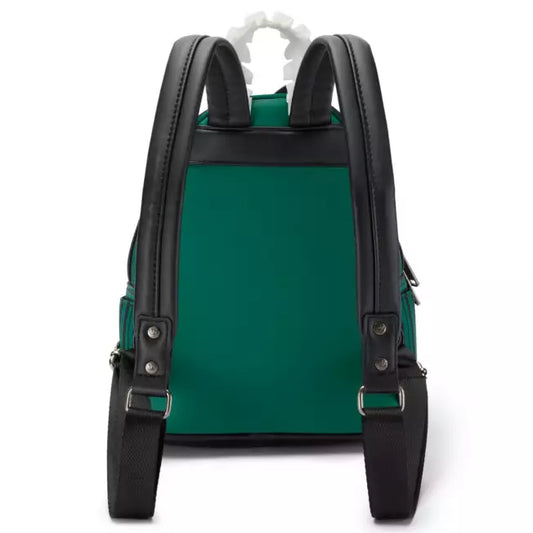 Green backpack with black straps on a white background