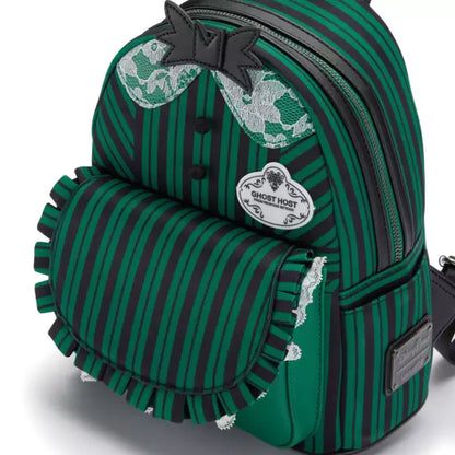 Green and black striped backpack with lace details on a white background