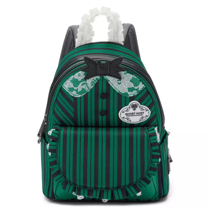 Green striped backpack with decorative elements on a white background