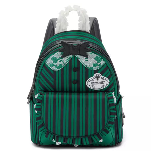 Green striped backpack with decorative elements on a white background