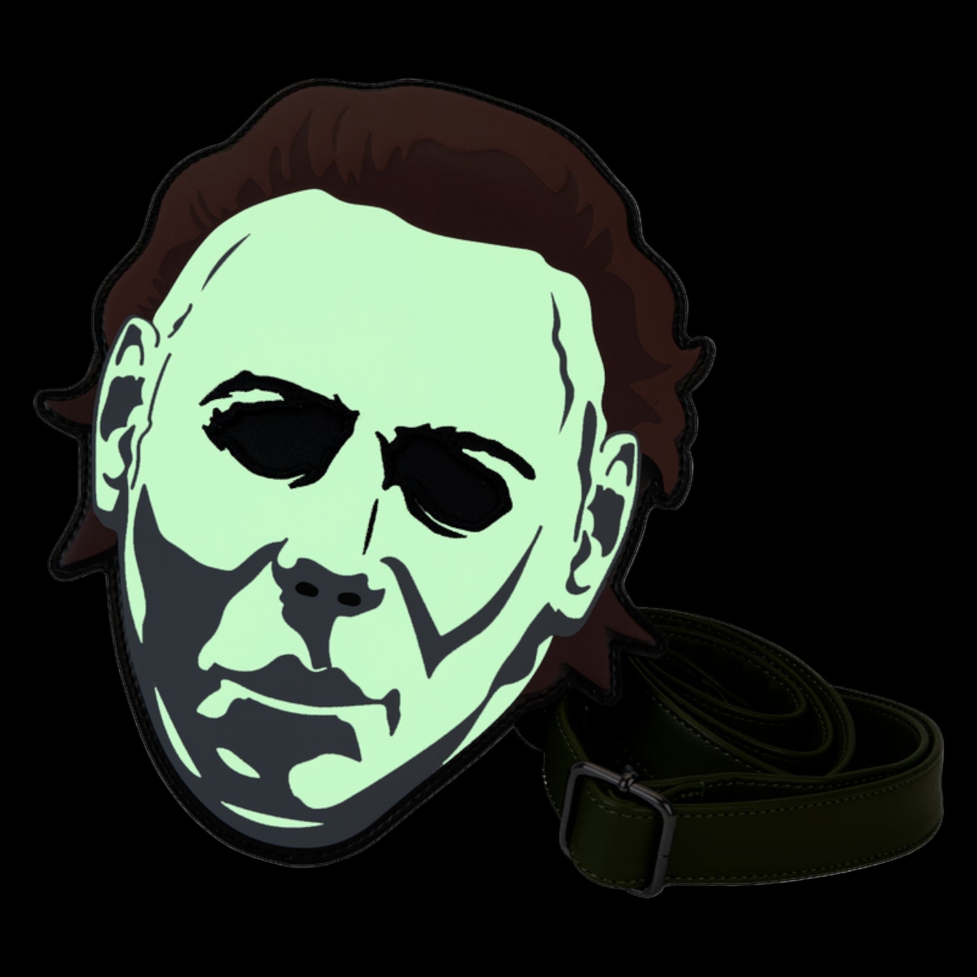 Michael Myers glow crossbody bag with brown hair and black strap on a white background