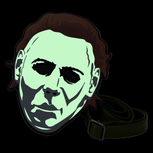 Michael Myers glow crossbody bag with brown hair and black strap on a white background