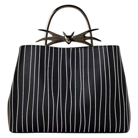Black handbag with white pinstripes and decorative Jack Skellington handle on a white background