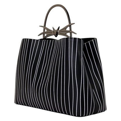 Black pinstripe handbag with a decorative Jack Skellington handle on a white background