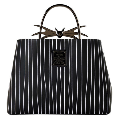 Black and white striped handbag with a Jack Skellington bat design on the handle against a white background