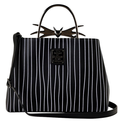 Black and white striped handbag with a Jack Skellington bat design on a white background