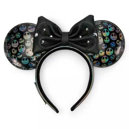 Black Minnie Mouse ears with a bow and Jack Skellington pattern on a white background