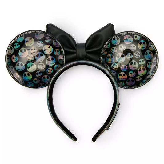 Black Minnie Mouse ears headband with colorful Jack Skellington design on a white background