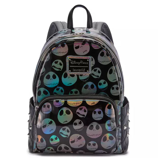 Backpack with colorful Jack Skellington pattern on a white background