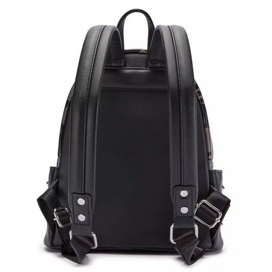Black backpack with visible straps and buckles on a white background