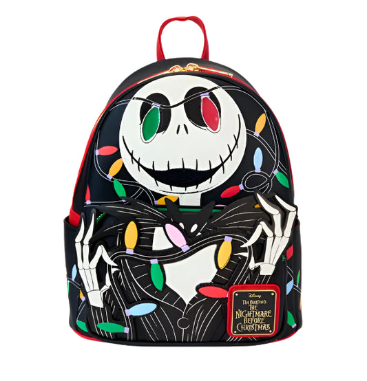 Backpack with Jack Skellington design featuring colorful lights on a white background