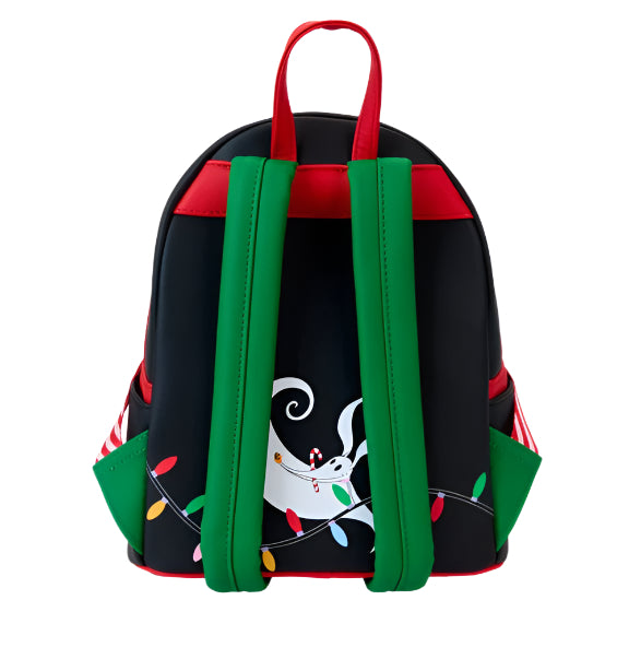Backpack with festive design featuring Zero surrounded by lights on a white background.