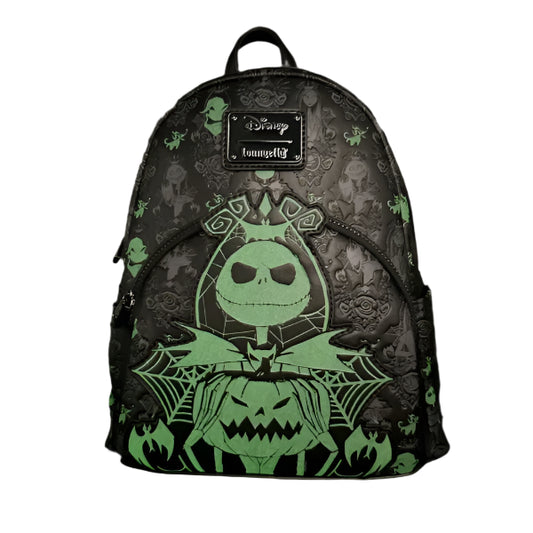 Backpack with Jack Skellington design glowing in the dark