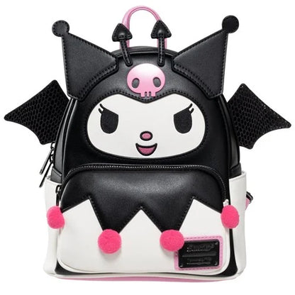Black, white, and pink backpack with Kuromi character design on a white background