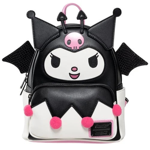 Black, white, and pink backpack with Kuromi character design on a white background