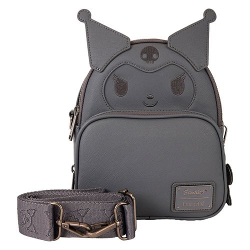 Gray convertible backpack with Kuromi face design and adjustable strap on a white background