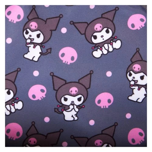 Pattern of Kuromi in hats with pink skulls on a dark blue background